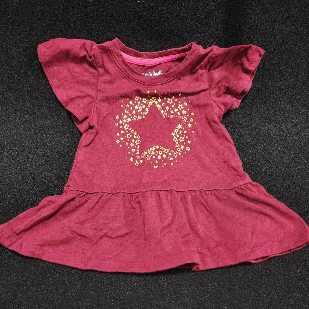 Cat‎ & Jack Toddler Girls Burgundy Gold Foil Star Flutter Sleeve Peplum Top 3T